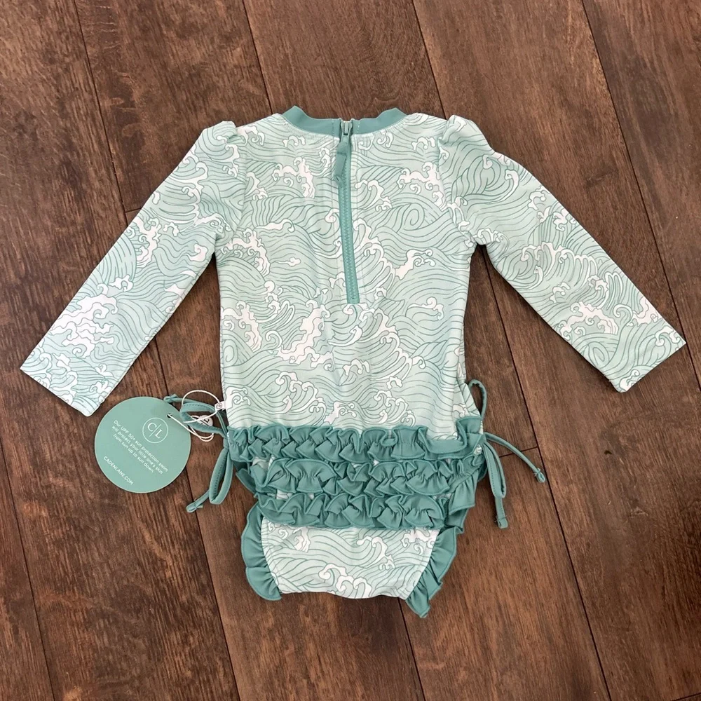 Baby Swim Long Sleeve Rash Guard - Greenish teal and white Waves - Picture 2 of 4